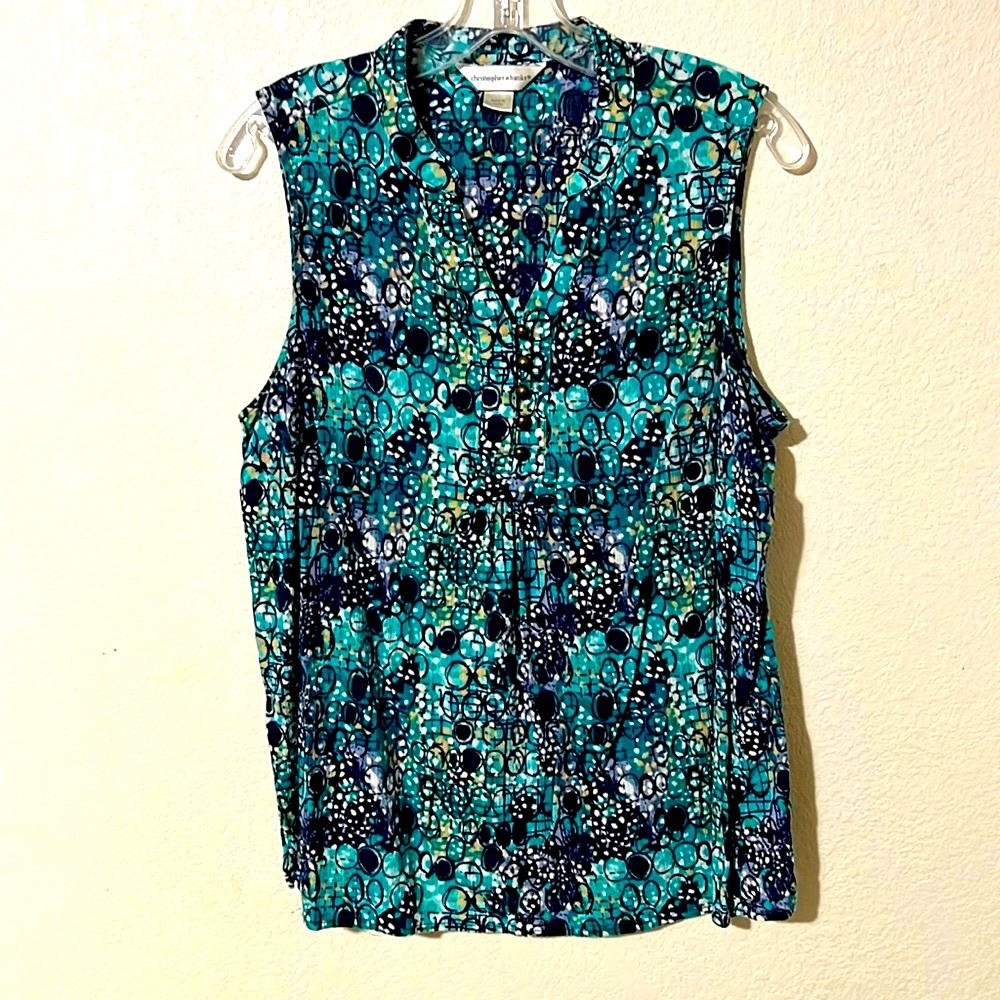 Christopher & Banks blue patterned sleeve less blouse - size large